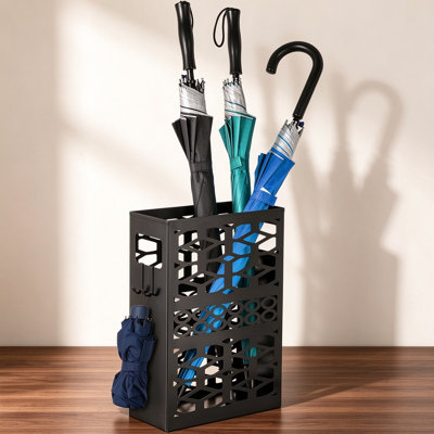 Freestanding Rectangle Metal Umbrella Stand with 2 Hooks, Black, Umbrella & Cane Holder for Entryway Home Office Hotel