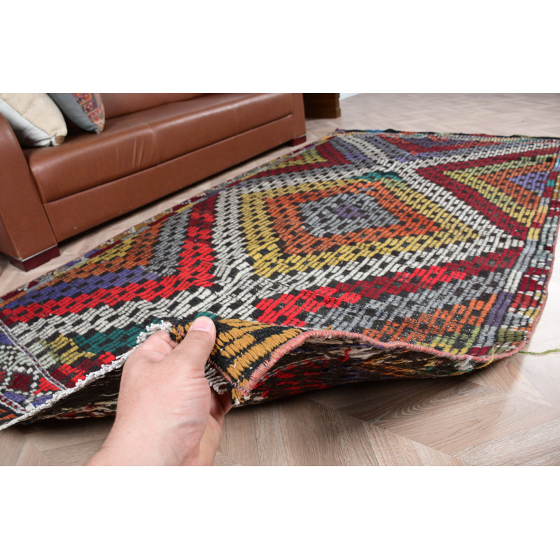 Handmade Vintage Turkish Area Rug with Colorful Geometric Pattern for Unique Bohemian Home or Living Room Decor