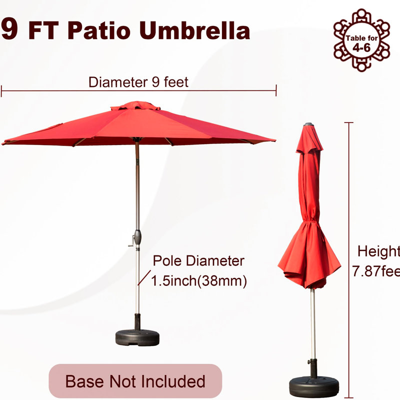 Parasol de jardin rouge brique de 2,74 m (9 pi), protégé et imperméable, 8 baleines, facile à régler pour jardin, terrasse, piscine, extérieur, rouge, protégé, manivelle d'inclinaison pour patio, jardin.