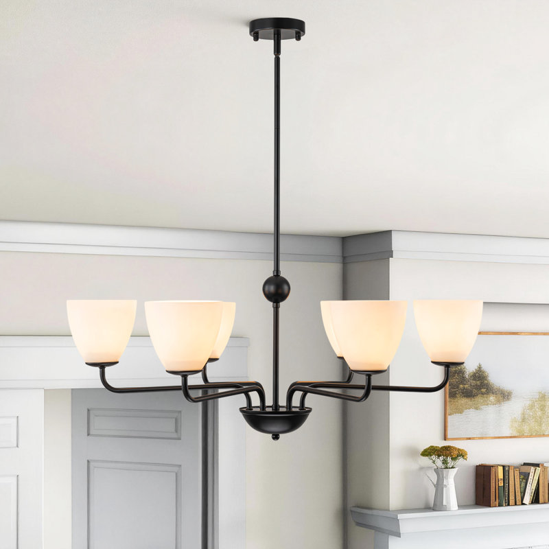 Lustre classique noir à 6 lumières avec abat-jour en verre blanc