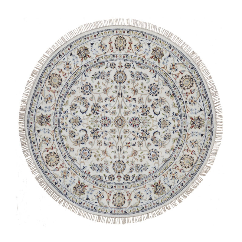 Tapis oriental rond noué à la main 5 pi 2 po x 5 pi 2 po Nain avec motif floral, laine et soie, 250 KPSI