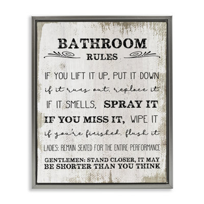 «Rustic Bathroom Rules Humor», art mural sur toile flottante par Daphne Polselli
