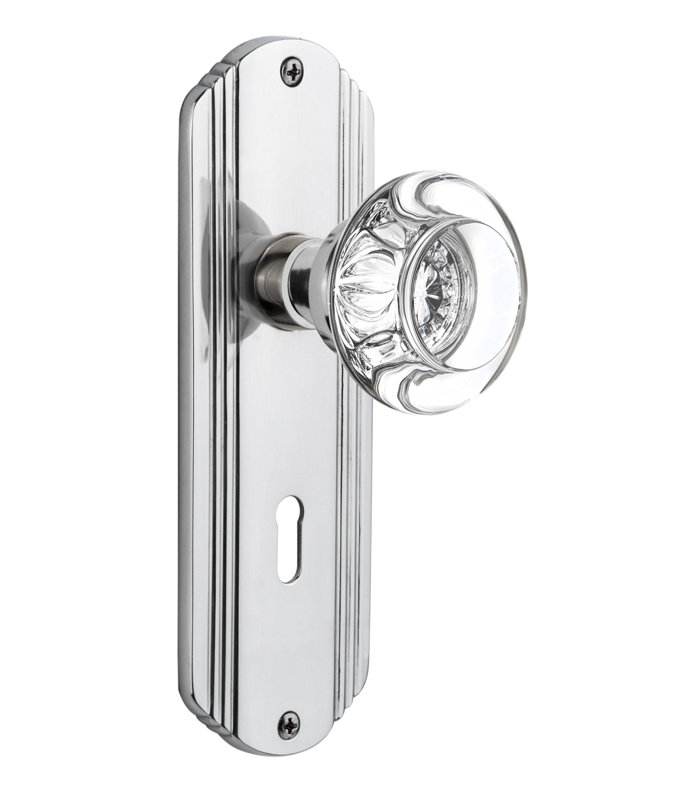 Plaque décorative avec trou de serrure décoratif et poignée de porte ronde en cristal transparent, Laiton poli