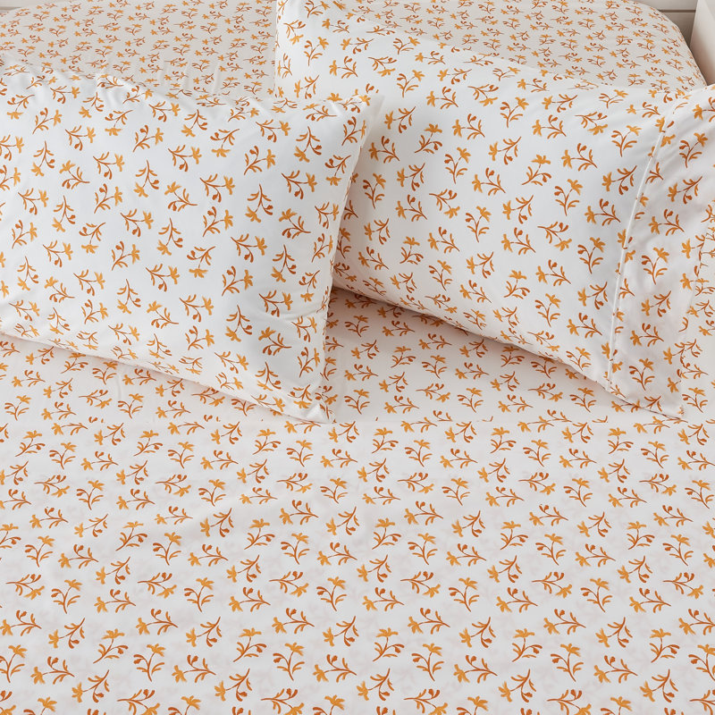 Queen Beige Microfiber Sheet Set with Watercolor Floral Print