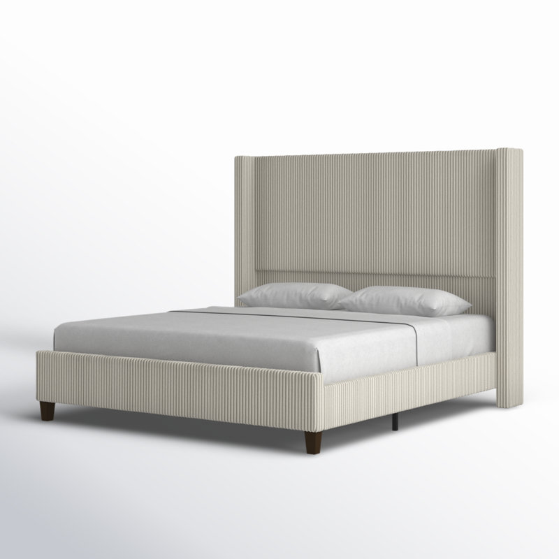 Cream Corduroy Upholstered King Bed with Wingback Headboard