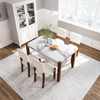 5-Piece Modern Dining Furniture Set, 4-Person Space-Saving Dinette For Kitchen, 46"" Faux Marble Style Table And 4 Upholstered Chairs With Solid Rubber -  Latitude Run®, D797AB420B114122B7D2FC0A4F4C9D4C