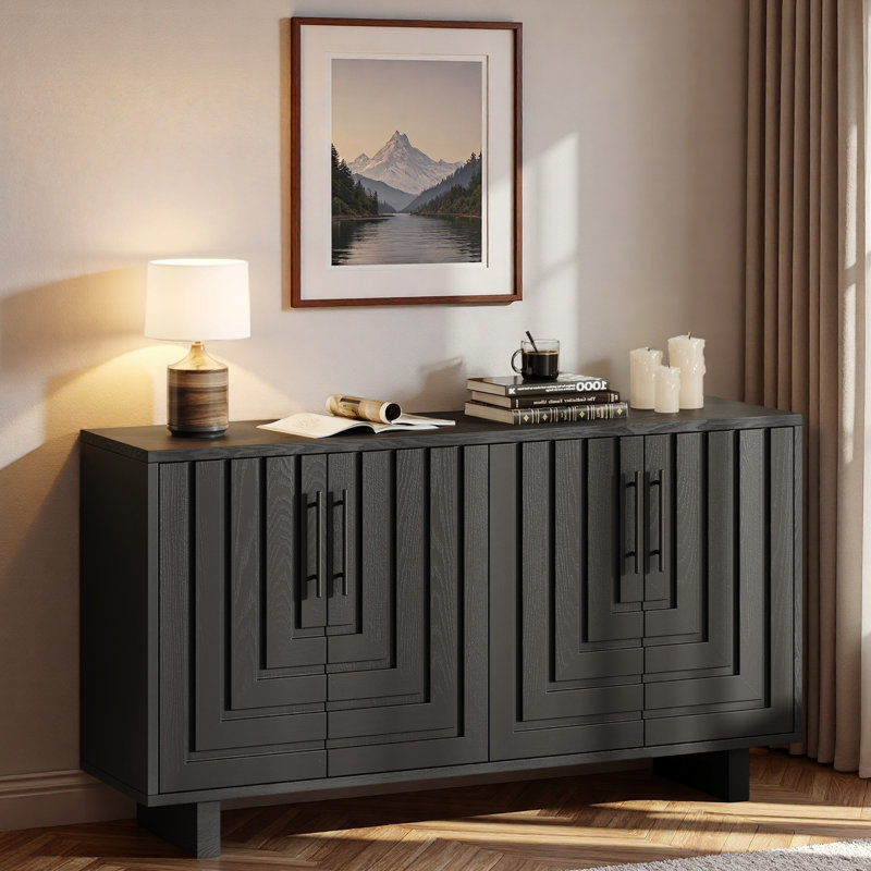 Modern Sideboard With Metal Handles And Geometric Line, Black