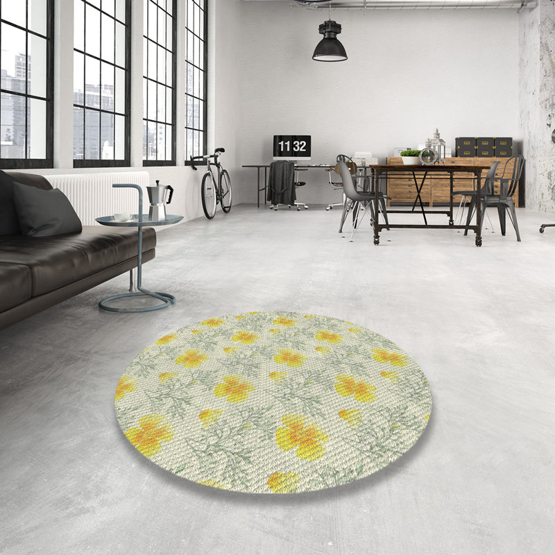 Tapis jaune à motif floral Fintan, Rond 6 pi