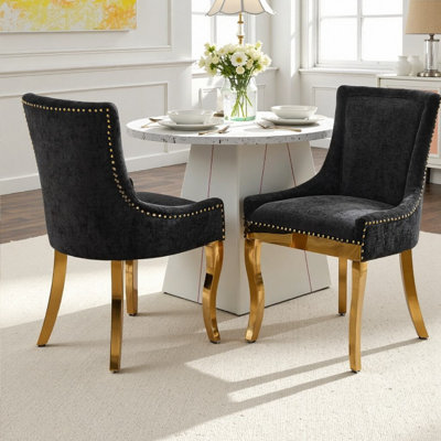 2PCS Modern Dining ChairsChenille Upholstered Accent Seating with GoldPlated Legs Rivet TrimSet of 2