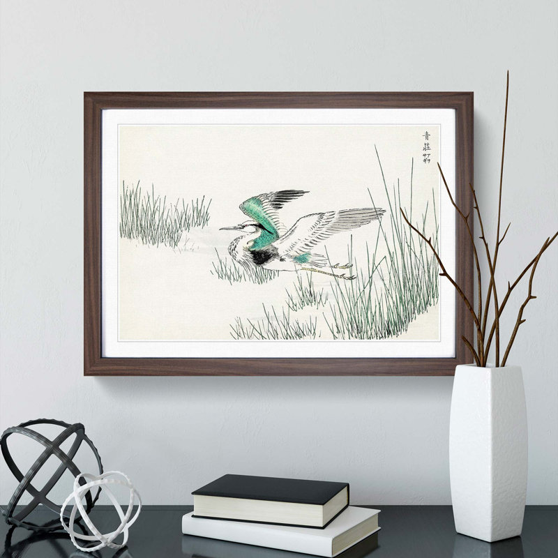 Grey Heron in Flight by Numata Kashu - Picture Frame Painting Print, Walnut Framed, 36cm H x 48cm W x 2cm D