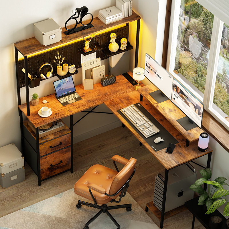 Brown/Black L-Shaped Gaming Desk with Power Outlets and Drawers