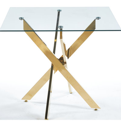 Table de salle à manger moderne carrée avec pieds en croix dorée et plateau en verre trempé, 90 x 90 x 75 cm, peu encombrante pour le salon, facile à assembler, verre réglable artisanal exquis, espaces de cuisine,