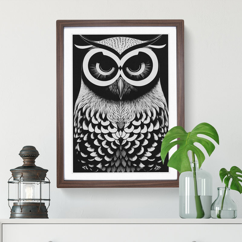 Owl in Monochrome - Framed Print, 46cm H x 34cm W x 2cm D, Walnut