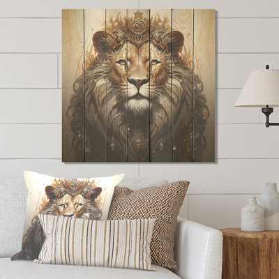 Crowned Lion In Majesty Portrait II - Lion Animal On Wood Print