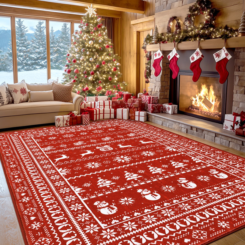 Christmas Red Area Rug Washable Non-slip Snowflake Deer Floor Carpet, Rectangle 8' x 10'