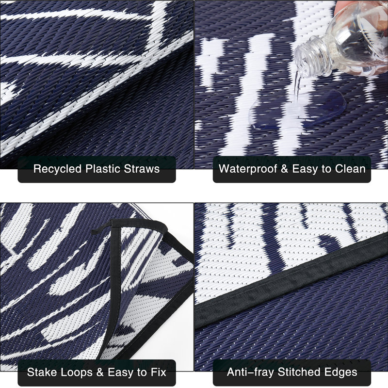 Geometric Border Reversible Outdoor Ellie In Navy Blue, Rectangle 8' x 10'