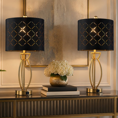Anja 25" Modern Glam Table Lamp Set With Night Light USB+Type-C Ports and Black Shade