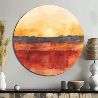 «Desert Horizon» en rouille et argile - grand art mural rond en métal abstrait