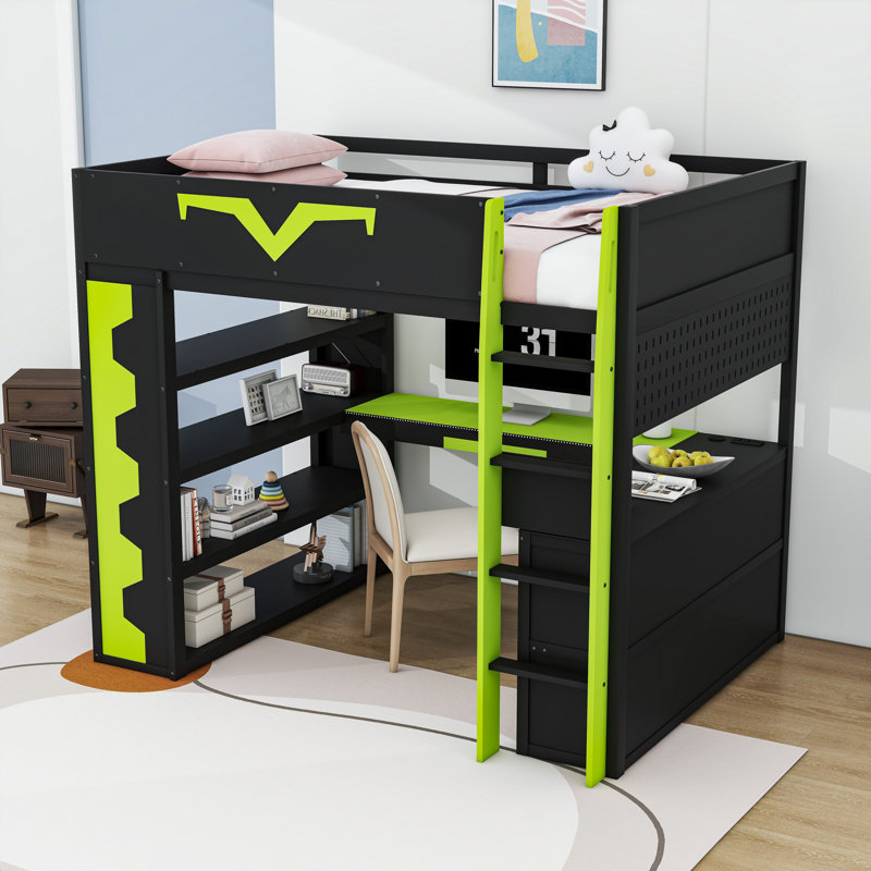 Lit mezzanine double en bois avec bureau intégré, tablettes et tiroir, Noir/vert