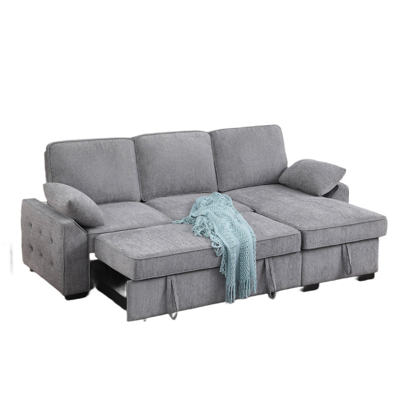 Ken 91In Sleeper Sectional Sofa W Storage Chaise,  USB, Light Gray Chenille, Black Chenille