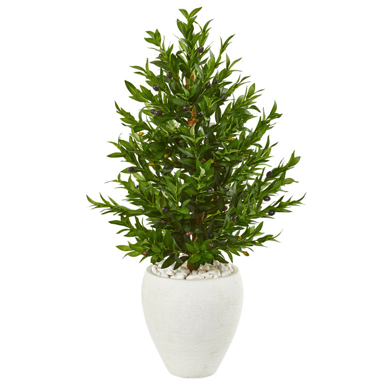 3,5 pi Arbre artificiel topiaire conique olive en pot blanc résistant aux rayons UV (intérieur / extérieur)