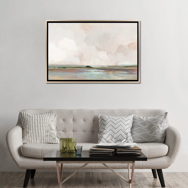 Lever de soleil rose, H 32 po x l 48 po x P 1,5 po, Pas de tapis, Toile encadrée champagne