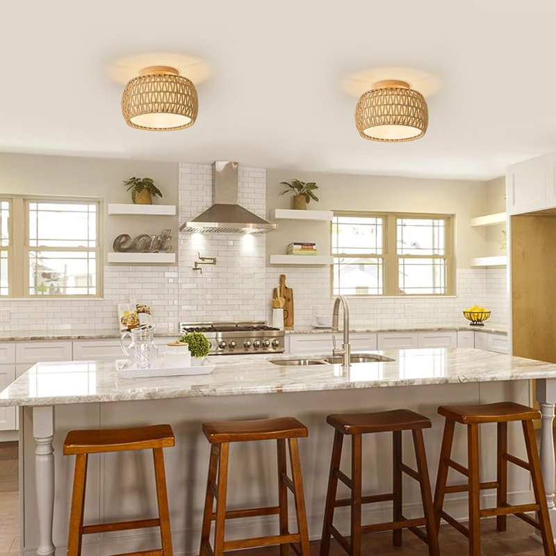 Luminaires de plafond encastrés en rotin Boho, rotin naturel tissé à la main avec corde de chanvre, style rustique campagnard pour la salle à manger, la cuisine, la chambre, le couloir, l'entrée