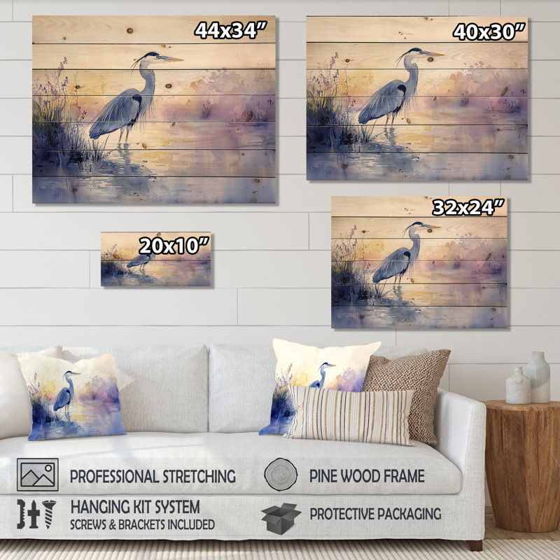 Héron rose et bleu au crépuscule III - Héron, décoration murale en bois animal - sur bois de pin naturel