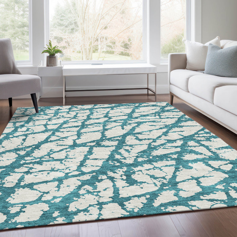 Tapis bleu sarcelle lavable à la machine de qualité supérieure Prisco, Rectangle 9 pi x 12 pi