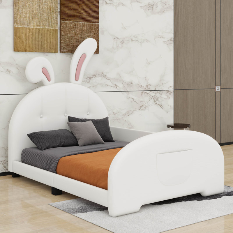 Twin Size Upholstered Rabbit-Shape Princess Bed, White