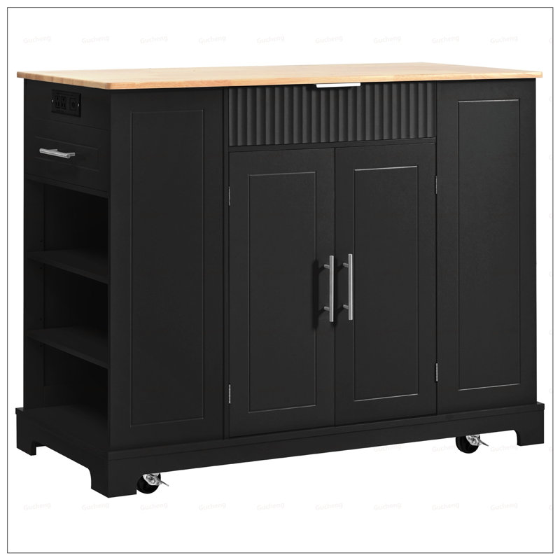 Fluted Kitchen Island with Trash Can Storage, Power Outlet, and Rolling Wheels for Enhanced Mobility and Organization, Black