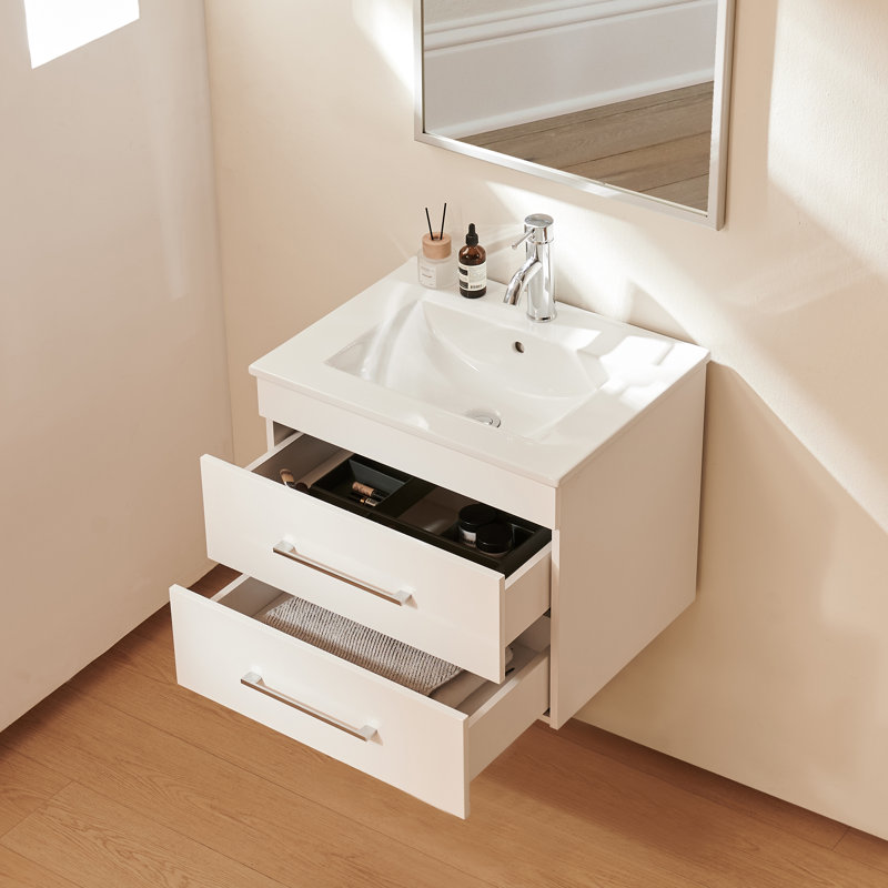 Rangement mural de salle de bain flottant 24 po blanc brillant avec lavabo, 2 tiroirs à fermeture en douceur, lavabo en céramique