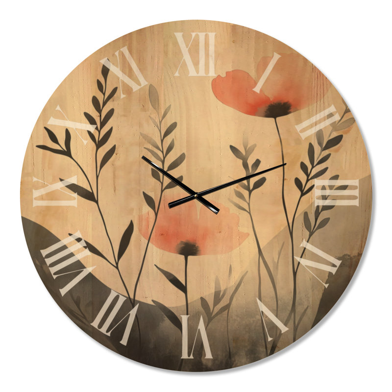 Horloge murale ronde bohème grand format « Coquelicots corail et sommets », imprimée sur bois, Très grand