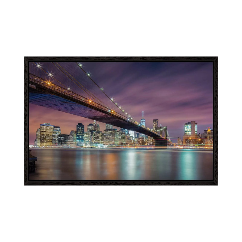 Brooklyn Bridge At Night by Michael Zheng - Print on Canvas, Black Floater Framed, 45.72cm H x 66.04cm W x 3.81cm D