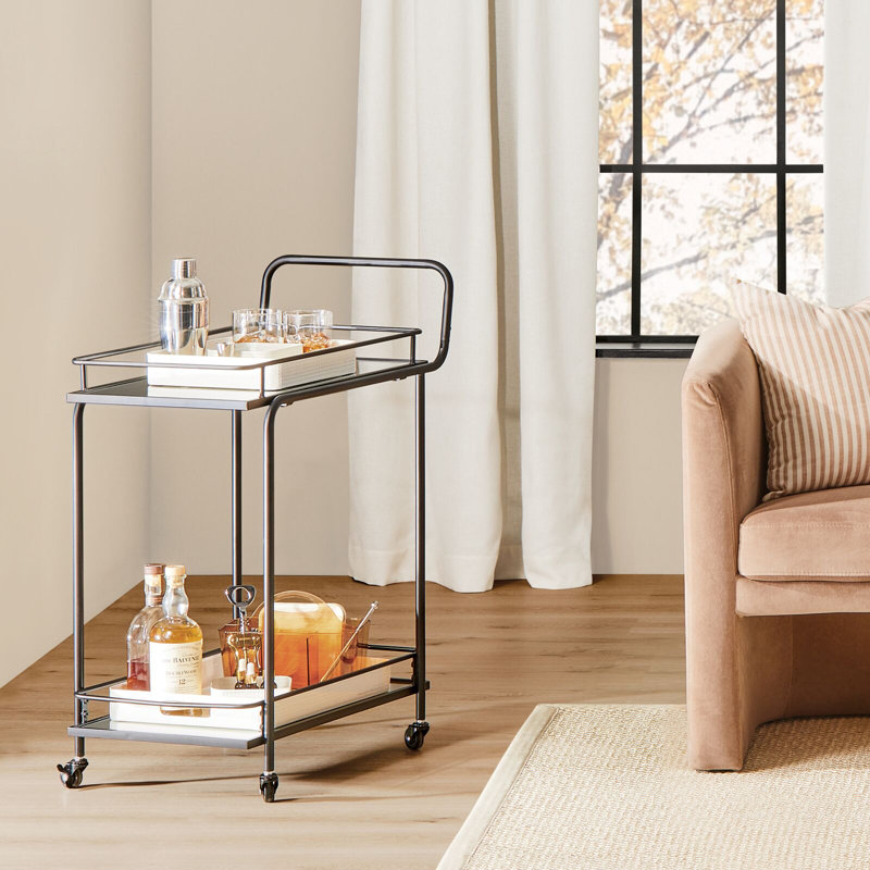 Elegant Black Metal Rectangular Bar Cart with Glass Shelves and Wine Rack