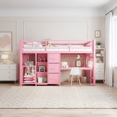 Lit mezzanine bas en métal pour enfants avec rangement, tablette et bureau intégré, structure robuste