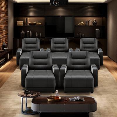 Luxury Faux Leather Home Theater Individual Seat Recliner with Adjustable Backrests, Wireless Charging and Cup Holder (Set Of 5) by Latitude Run