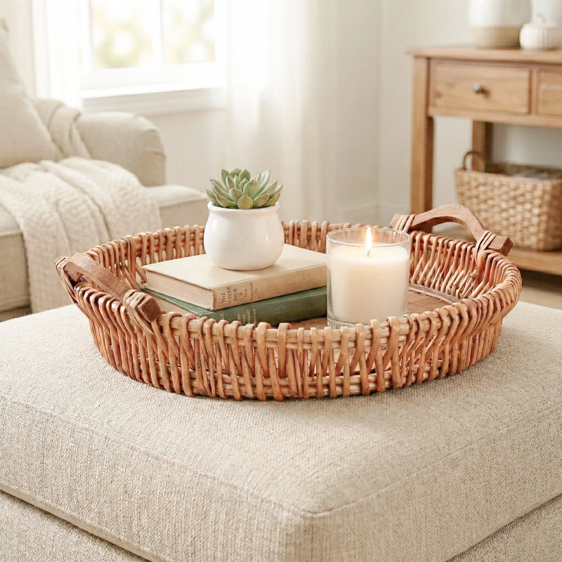 Handwoven Willow Round Ottoman Tray with Wooden Base and Handles, 20", Natural