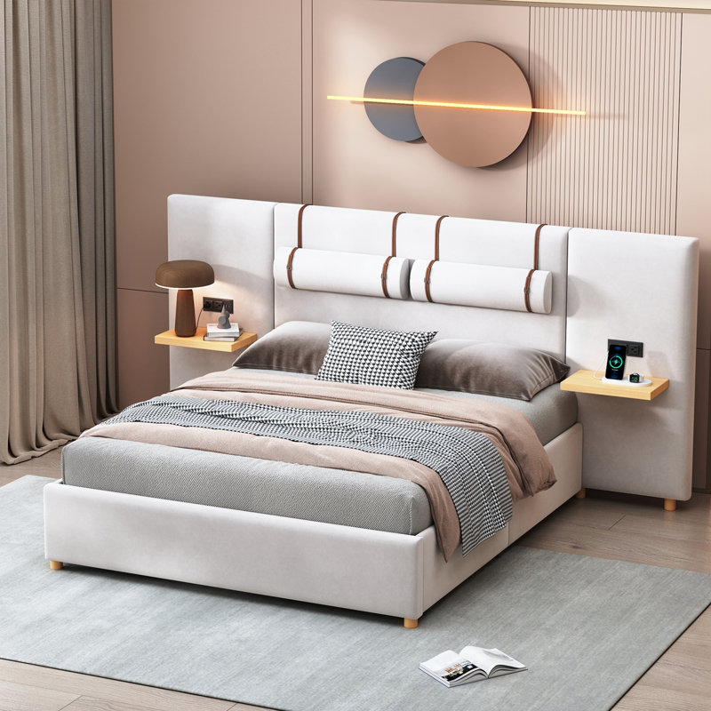 Grand lit plateforme avec deux prises de courant, ports de chargement USB et deux coussins de chevet, Beige