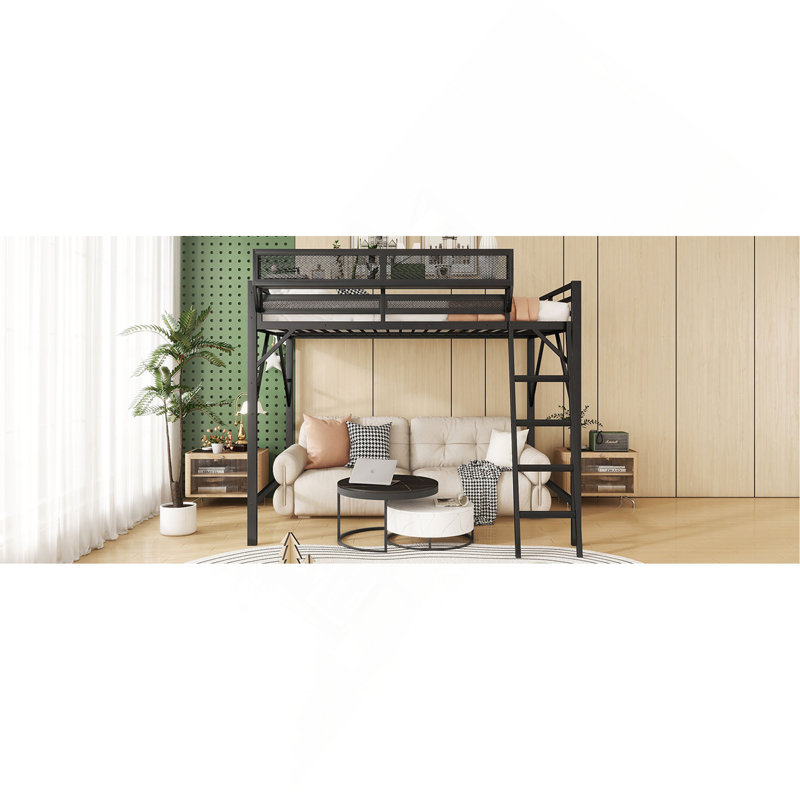 Loft Bed With Ladder, Metal Loft Bed With Storage Shelves, High Loft Bed For Kids Teens, Black, Full