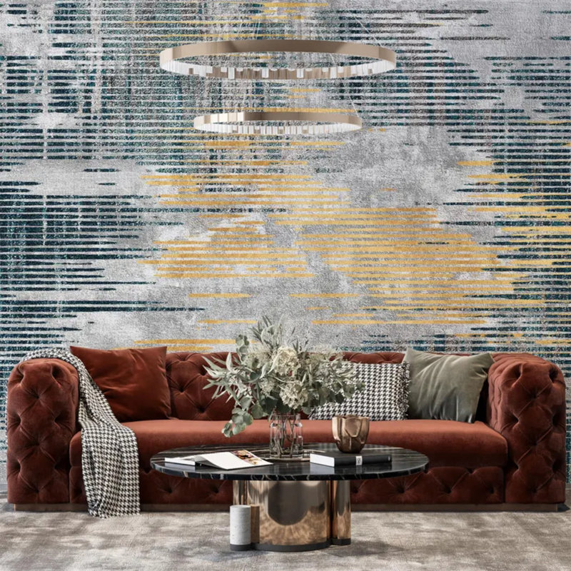 Modern Abstract Teal Gold Brushstroke Wall Mural, 96" L x 108" W