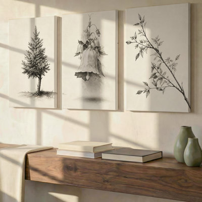 3 pièces d'art mural mural gris et ivoire avec grandes fleurs et branches