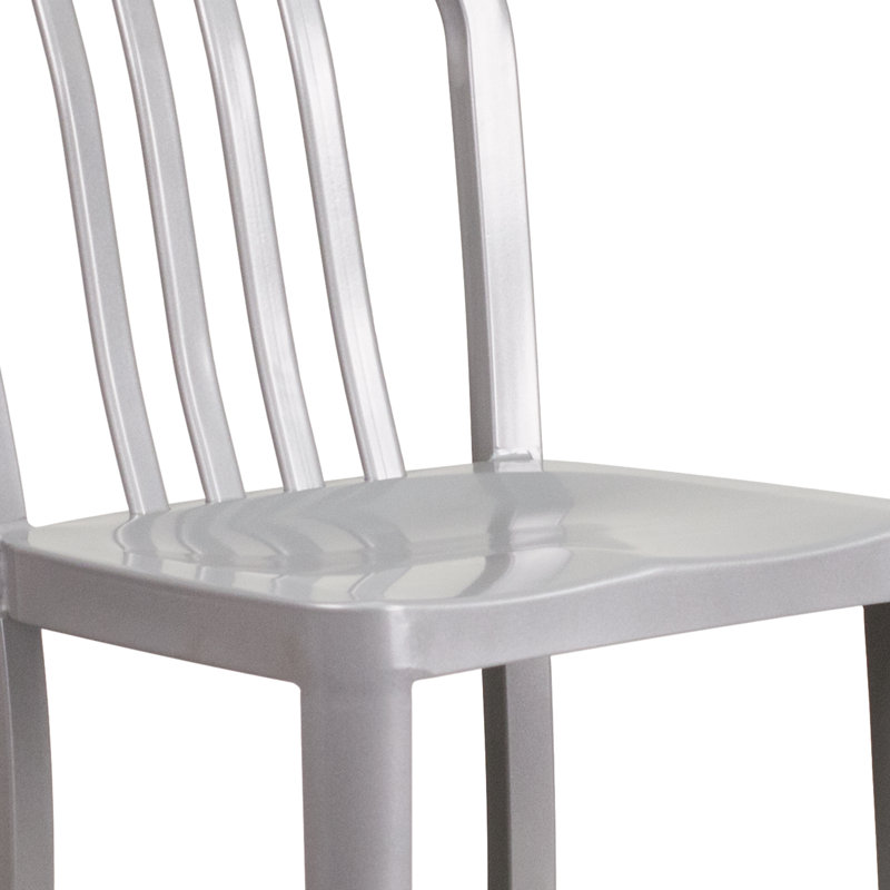 Tabouret de bar d'intérieur et d'extérieur de qualité commerciale avec dossier à lattes verticales, Argent