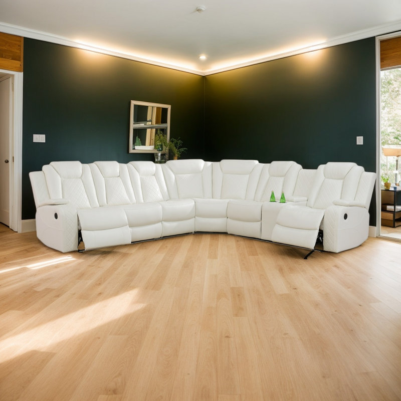 210" Breathing Leather Sectional — Dual Power Recline, Smart Features & Ultra-Comfort Design, Off White Faux Leather