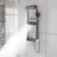 Système de douche moderne avec pomme de pluie et cascade, jets de corps, douche à main à 4 modes, douchette de baignoire et tablette de rangement, panneau de douche multifonction gris