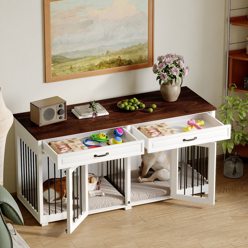 Dog Crate Furniture, 164cm Indoor Wooden Dog Kennel Cage House, Modern Decorative End Table With Double Doors, Drawers, Divider, For Large Medium Breeds