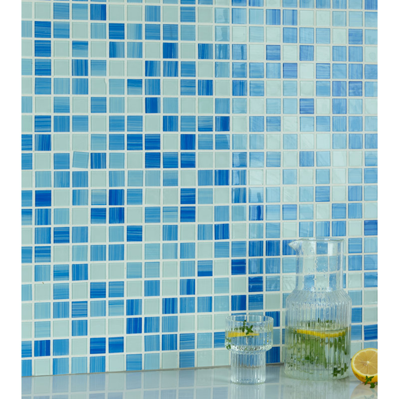 Carreau de mosaïque en verre peint à la main 12 po x 12 po, Bleu / blanc