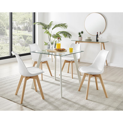 Scandinavian Style Glass and Metal Leg Square Dining Table Set - 4 Modern Wooden Leg Dining Chairs