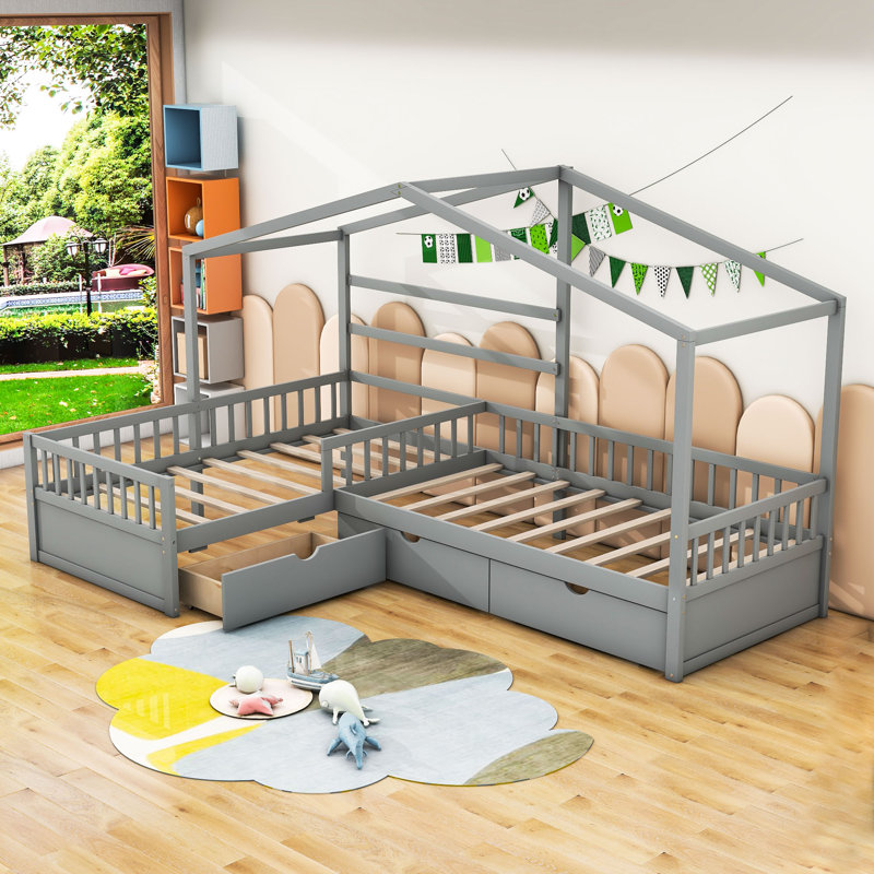 Lit plateforme simple avec 3 tiroirs Carnstroan, gris
