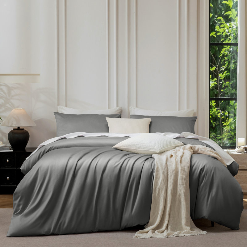 Ensemble de housse de couette MooMee, Housse de couette pour très grand lit et 2 taies , Gris foncé